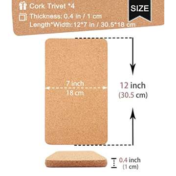 KITLAB Cork Trivet, High Density Fine Particle Thick Cork Trivets for Hot Dishes, 12 x 7 Inch Heat Resistant Cork Coaster, Rectangle Cork Placemats Cork Hot Pads for Kitchen, 4 Pcs