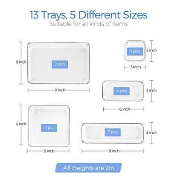 Ravinte 13 PCS Drawer Organizer Plastic Storage Bins, 5 - Size Kitchen Drawer Organizer with Non-Sli...