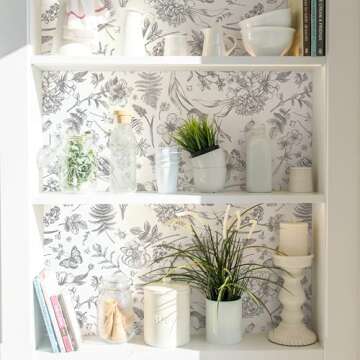 Fiula Peel and Stick Wallpaper Floral Gray Leaves Contact Paper Butterfly Boho 78.7 "x17.3" Flower Removable Wallpaper Self-Adhesive Wallpaper for Bedroom Waterproof Shelf Liner Decal Vinyl Roll