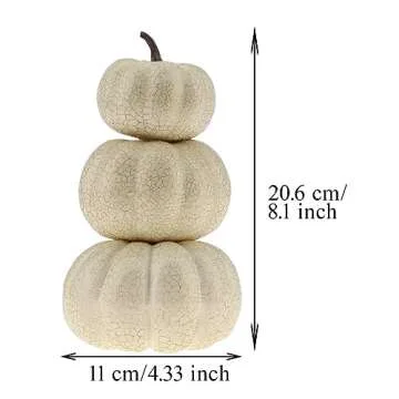 Woration White Artificial Shiny Crack Pumpkin Creative Fake Stacked Tower Design Pumpkin Decoration Halloween Autumn Fall Home Festival Harvest Christmas Display 3 Layers