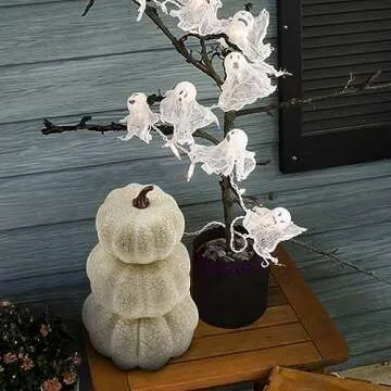 Woration White Artificial Shiny Crack Pumpkin Creative Fake Stacked Tower Design Pumpkin Decoration Halloween Autumn Fall Home Festival Harvest Christmas Display 3 Layers