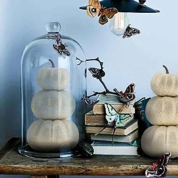 Woration White Artificial Shiny Crack Pumpkin Creative Fake Stacked Tower Design Pumpkin Decoration Halloween Autumn Fall Home Festival Harvest Christmas Display 3 Layers