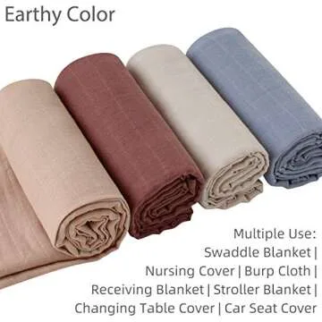 LifeTree 4 Pack Baby Swaddle Blankets for Boys & Girls, Soft Muslin Swaddle Blankets, Organic Cotton Muslin Receiving Blanket Earthy Color Baby Swaddling for Newborn, Large 47 x 47 inches