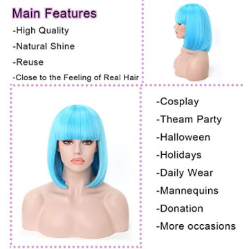 Rosa Star Light Blue Bob Wig Glueless Cosplay Halloween