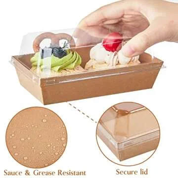 Ocmoiy Paper Charcuterie Boxes with Clear Lids, 50 Pack Disposable Sandwich Containers, Small Kraft Bakery Treat Boxes for 2 Cupcakes, Muffins, Hot Cocoa Bombs, Strawberries, To Go Desserts Boxes