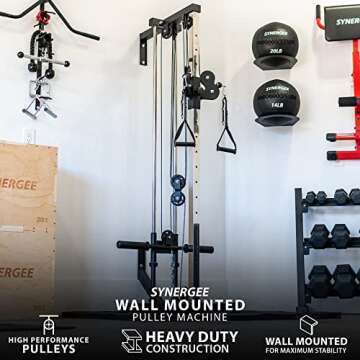 Synergee Wall Mounted Adjustable Dual Pulley Machine. Home Cable Attachment Station for Pulley System. for 1” and 2” Opening Weight Plates. Includes 2 Nylon Handles and Universal Attachment Points.