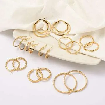 Jinxiuge 12 Pairs Gold Hoop Earrings Set Stainless Steel Twisted Round Small Chunky Hoop Earrings for Women Teen