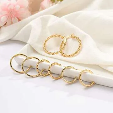 Jinxiuge 12 Pairs Gold Hoop Earrings Set Stainless Steel Twisted Round Small Chunky Hoop Earrings for Women Teen