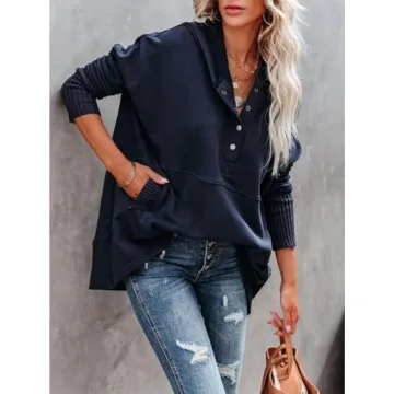 Zwurew Oversized Sweatshirt For Women Casual Long Sleeve Button Pullover Tops With Pockets Fashion Navy Blue M
