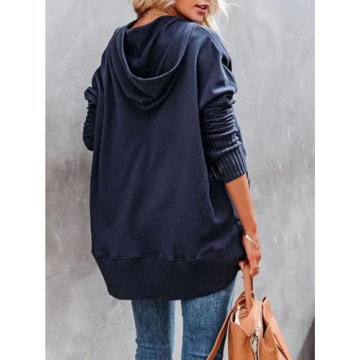 Zwurew Oversized Sweatshirt For Women Casual Long Sleeve Button Pullover Tops With Pockets Fashion Navy Blue M