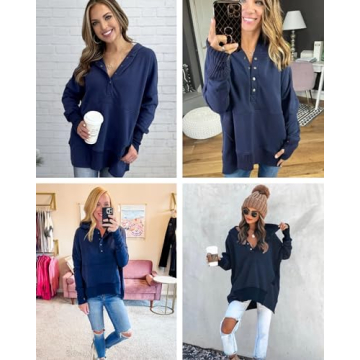Zwurew Oversized Sweatshirt For Women Casual Long Sleeve Button Pullover Tops With Pockets Fashion Navy Blue M