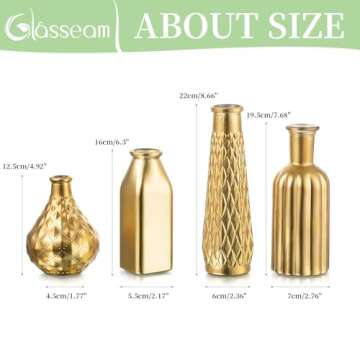 Glasseam Gold Glass Vase, 8pcs Cylindrical Home Decor, Antique Art Deco Style, Holds Water, Gold Electroplating Finish, Living Room Kitchen Bathroom Bedroom Decor, Table Centerpieces