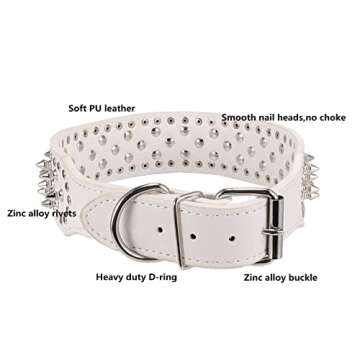 Hoot PU Leather Adjustable Spiked Studded Dog Collar 2" Wide 25 Spikes (XS(Neck 15"-18"), White)