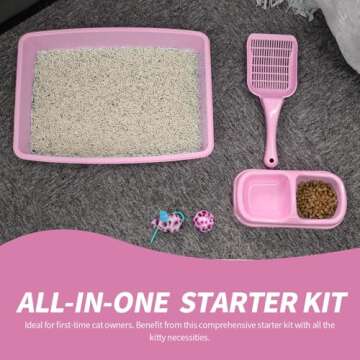 PAWISE Cat Litter Box Set, Small Cat Kitten Starter Kit, Include Kitty Litter Box, Cat Litter Scoop, Double Dish Cat Bowl, Cat Mouse Toy, Cat Ball Toy (Color Random)