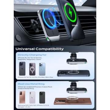 Hinyx for MagSafe Car Mount Charger, 15W Magnetic Wireless Car Charger Vent Dash Charging Phone Holder Mount for iPhone 15 14 13 12 11 Pro Max Plus Mini Xr Xs, Samsung, Google, LG, etc