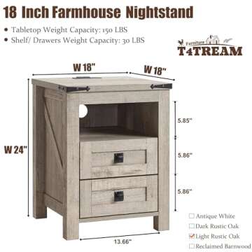 T4TREAM Nightstand wtih Charging Station, End Table, Side Table with 2 Drawers Storage Cabinet for B...