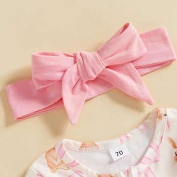 Lamuusaa Newborn Baby Girl Easter Outfit Bunny Bow Print Footie Romper Ruffle Bodysuit Zipper Jumpsuit Headband 0-18M