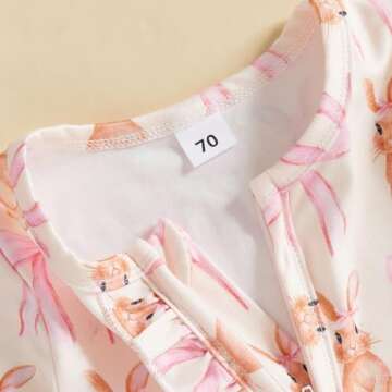 Lamuusaa Newborn Baby Girl Easter Outfit Bunny Bow Print Footie Romper Ruffle Bodysuit Zipper Jumpsuit Headband 0-18M