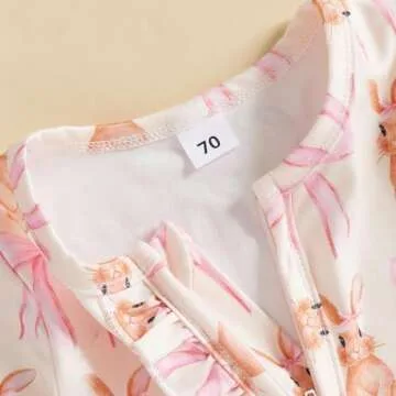 Lamuusaa Newborn Baby Girl Easter Outfit Bunny Bow Print Footie Romper Ruffle Bodysuit Zipper Jumpsuit Headband 0-18M