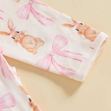 Lamuusaa Newborn Baby Girl Easter Outfit Bunny Bow Print Footie Romper Ruffle Bodysuit Zipper Jumpsuit Headband 0-18M