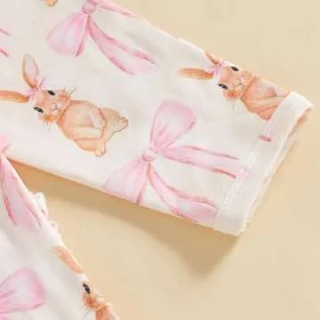 Lamuusaa Newborn Baby Girl Easter Outfit Bunny Bow Print Footie Romper Ruffle Bodysuit Zipper Jumpsuit Headband 0-18M