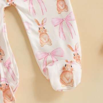 Lamuusaa Newborn Baby Girl Easter Outfit Bunny Bow Print Footie Romper Ruffle Bodysuit Zipper Jumpsuit Headband 0-18M