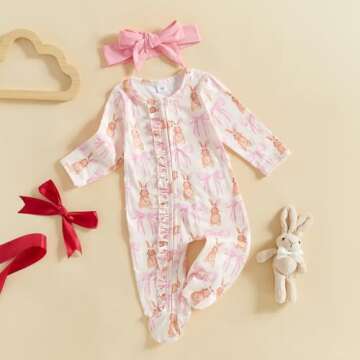 Lamuusaa Newborn Baby Girl Easter Outfit Bunny Bow Print Footie Romper Ruffle Bodysuit Zipper Jumpsuit Headband 0-18M