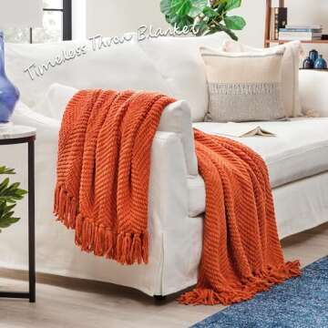 Chanasya Premium Textured Knit Throw Blanket with Tassels - Soft, Cozy Blanket for Couch, Bed, Living Room - 50" x 65” - Rust