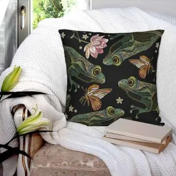 Duduho Vintage Frogs Lotus Flowers Decorative Pillow Cover