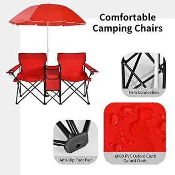 Goplus Double Camping Chair with Umbrella, Folding Loveseat Chairs w/Canopy Shade, Carrying Bag, Table, Cup Holder, Portable Beach Chairs Outdoor Picnic Patio (Red)