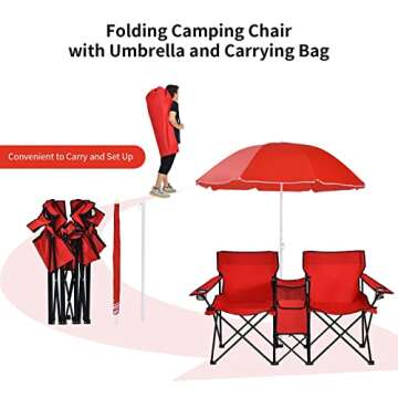 Goplus Double Camping Chair with Umbrella, Folding Loveseat Chairs w/Canopy Shade, Carrying Bag, Table, Cup Holder, Portable Beach Chairs Outdoor Picnic Patio (Red)