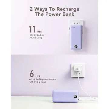 VRURC Portable Charger 20000mAh, Fast Charging Power Bank USB C,4 Output 2 Input Charging Bank Equipped with LED Display,Built-in Wall Plug and Cables,Cell Phone Replacement Battery,Purple