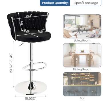 Lamerge Velvet Bar Stools Set of 2, Swivel Counter Stools Counter Height Barstools with Back & Footrest,Bar Chairs Velvet for Kitchen Island Dining Chairs, Black