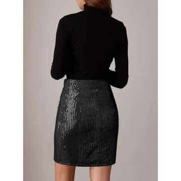 GRACE KARIN Women's 2024 Sequin Bodycon Skirt Sparkly Ruched Mini Skirts Shiny Glitter Night Out Pencil Skirt Black S