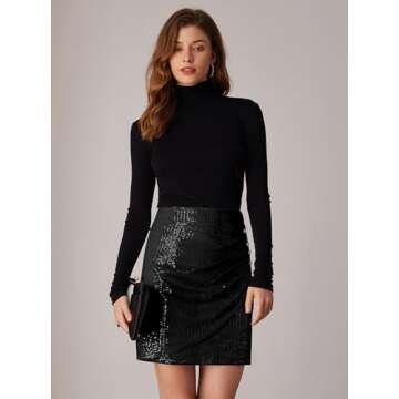 GRACE KARIN Women's 2024 Sequin Bodycon Skirt Sparkly Ruched Mini Skirts Shiny Glitter Night Out Pencil Skirt Black S