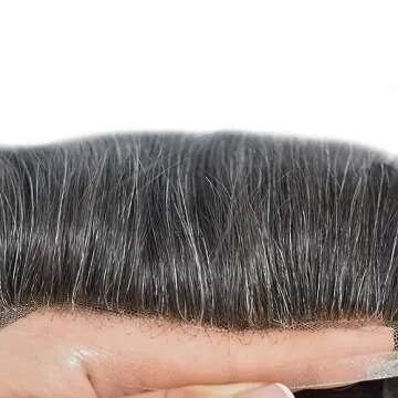 LYRICAL HAIR Toupee For Men Human Hair Piece Hair Systems for Men Soft French Lace Toupee Hairpieces Mens Hair Replacement Systems(8 * 10", 1B+20% SYNTHETIC GREY-120% Medium light to medium density)