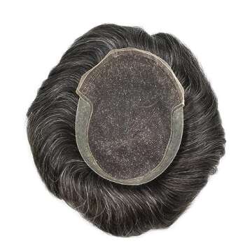 LYRICAL HAIR Toupee For Men Human Hair Piece Hair Systems for Men Soft French Lace Toupee Hairpieces Mens Hair Replacement Systems(8 * 10", 1B+20% SYNTHETIC GREY-120% Medium light to medium density)