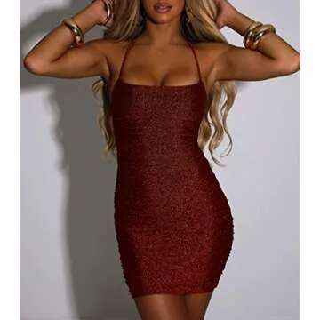 FV RELAY Women's Sexy Glitter Bandage Bodycon Wrap Dress Sleeveless Mini Club Party Dresses (Small,Style2-Wine Red)