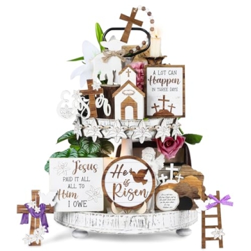 Mifoci 16 Pcs Easter Tiered Tray Decor He is Risen Cross Table Wood Signs Happy Easter Jesus Decorat...