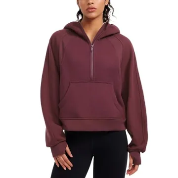 CRZ YOGA Women's Fleece Lined Half Zip Hoodie - Oversized Casual Sweatshirt - Dark Red