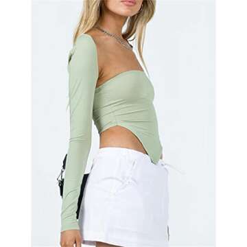 Women Square Neck Long Sleeve Crop Top Y2K Aesthetic Cutout Cropped Shirt Casual Basic Solid Slim Fit Backless Tees