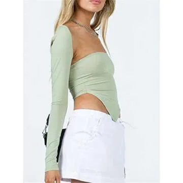 Women Square Neck Long Sleeve Crop Top Y2K Aesthetic Cutout Cropped Shirt Casual Basic Solid Slim Fit Backless Tees