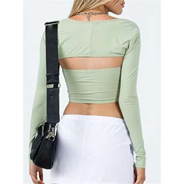 Women Square Neck Long Sleeve Crop Top Y2K Aesthetic Cutout Cropped Shirt Casual Basic Solid Slim Fit Backless Tees