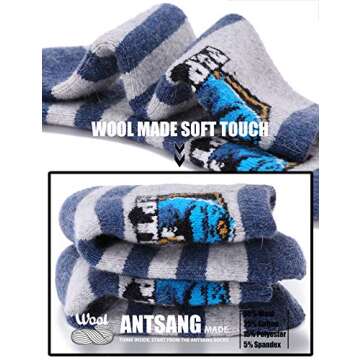 ANTSANG Kids Merino Wool Hiking Socks Toddlers Boys Girls Winter Warm Thick Thermal Crew Boot Heavy Cozy Snow Cabin Gift Snowboarding Socks 6 Pairs for Childs(Dinosaur A,4-7Y)