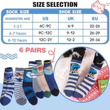 ANTSANG Kids Merino Wool Hiking Socks Toddlers Boys Girls Winter Warm Thick Thermal Crew Boot Heavy Cozy Snow Cabin Gift Snowboarding Socks 6 Pairs for Childs(Dinosaur A,4-7Y)