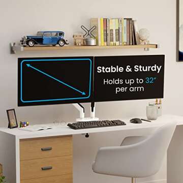 EVEO Premium Dual Monitor Mount 14"-35” Dual Monitor Arm VESA Bracket Adjustable Height Gas Spring Dual Monitor Stand, Screen Full Motion Dual Monitor Arm-Computer Monitor Stand for 2 Screens - White