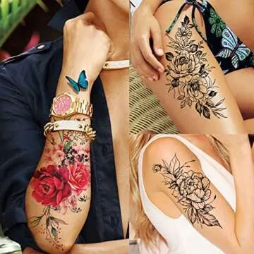 TASROI 18 Sheets Sexy Flower Rose Temporary Tattoos for Women, Waterproof Body Art Stickers