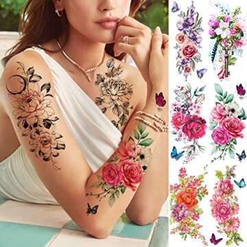 TASROI Flower Temporary Tattoos for Women - 18 Sheets