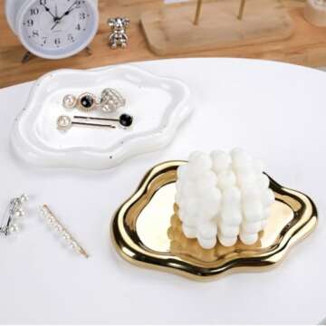Lemonadeus Jewelry Dish Trinket Tray Modern Cloud-Shaped Ceramic Silver Jewelry Tray Chunky Plates C...