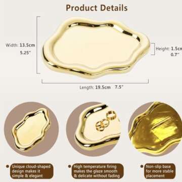 Lemonadeus Jewelry Dish Trinket Tray Modern Cloud-Shaped Ceramic Silver Jewelry Tray Chunky Plates Cute Things Vanity Aesthetic Room Decor Mother's Day Birthday for Women (Gold)